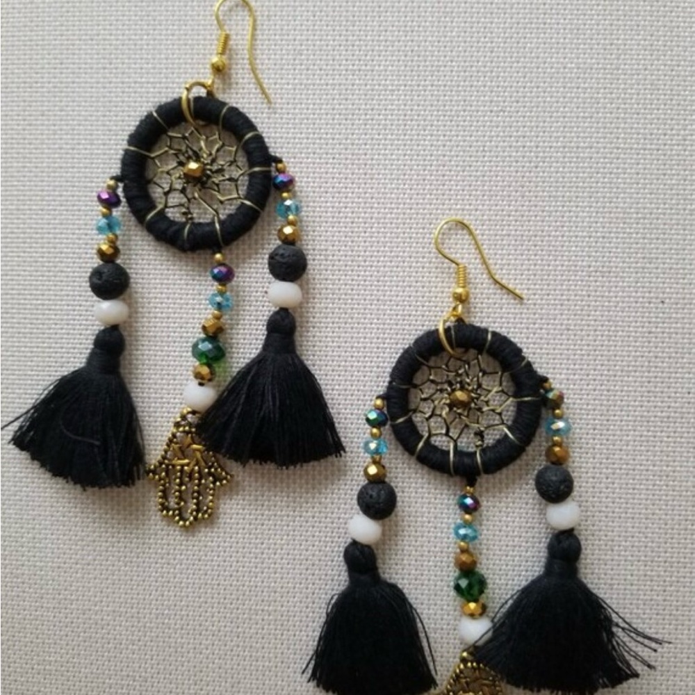 New Black Dreamcatcher Tassel Earrings with Gold Hamsa Hand & Star of David